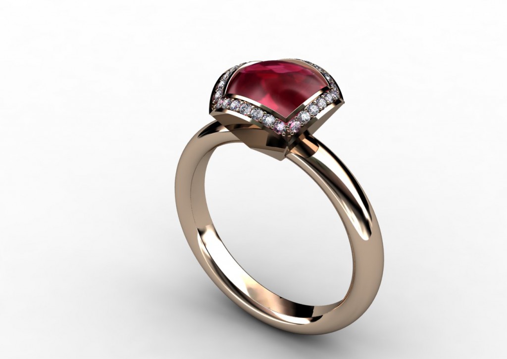 Ring i rödguld med rhodolitgranat samt briljantslipade diamanter